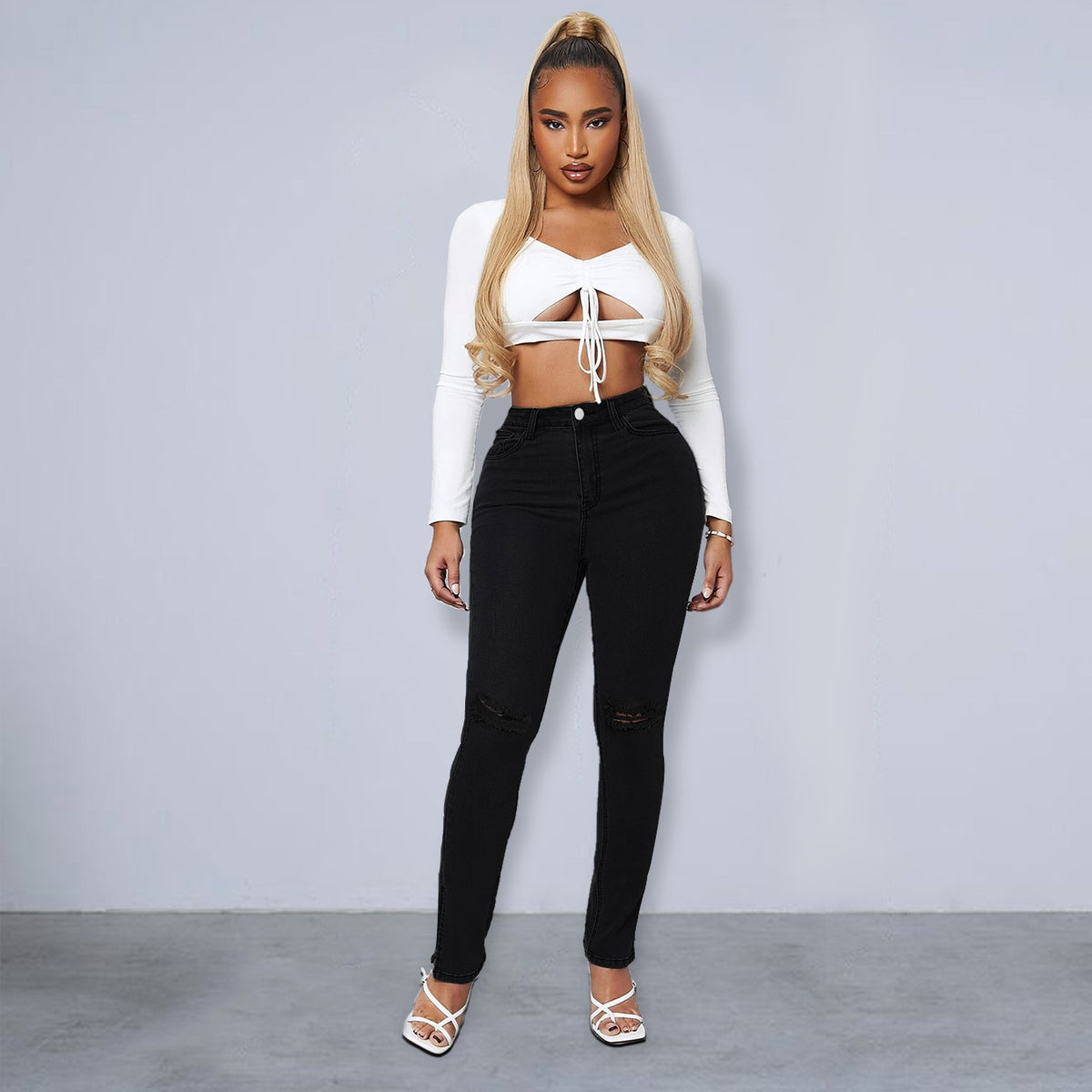 Women's Sculpting High-Waist Skinny Jeans with Knee Slits and Ankle Zippers Fashion Glam