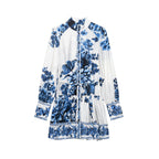 Women's midi dress with stand-up collar, full button placket and waist drawstring Fashion Glam