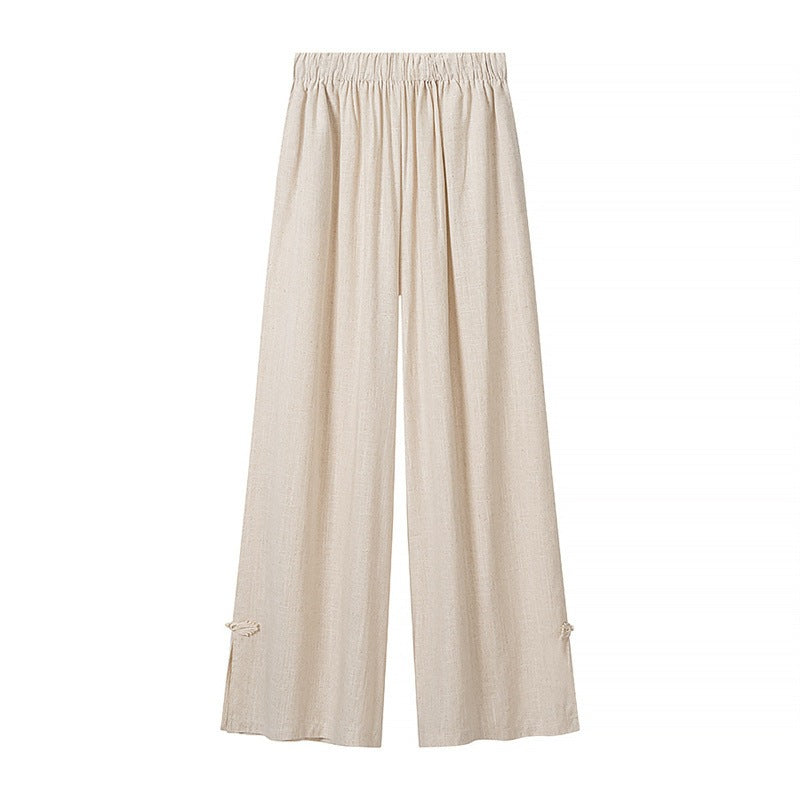 Women's Comfortable Linen Two-Piece Set with Stand-Up Collar, Frog Closures and Wide Palazzo Pants Cut Fashion Glam