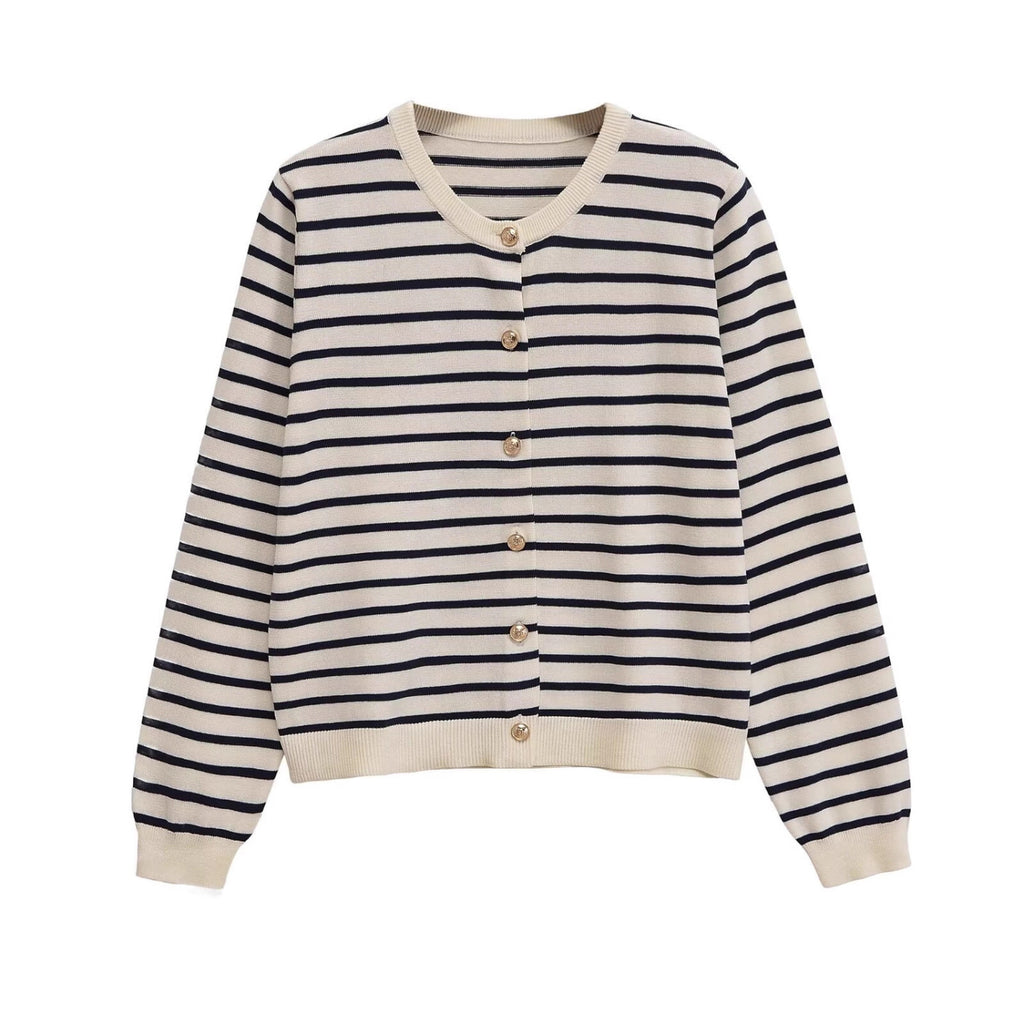 Women's Striped Lightweight Cardigan with Round Neckline and Decorative Buttons Fashion Glam