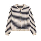 Women's Striped Lightweight Cardigan with Round Neckline and Decorative Buttons Fashion Glam