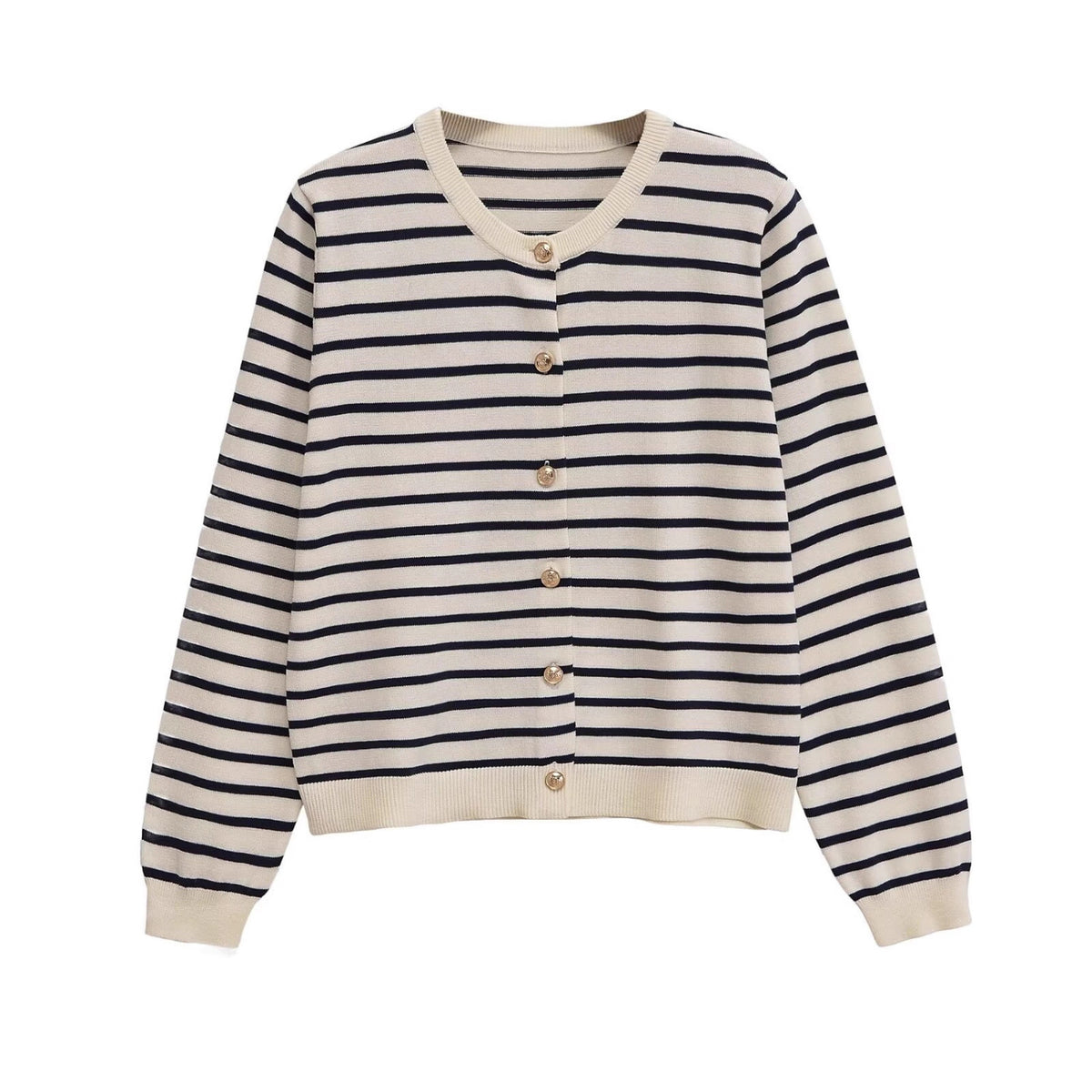 Women's Striped Lightweight Cardigan with Round Neckline and Decorative Buttons Fashion Glam