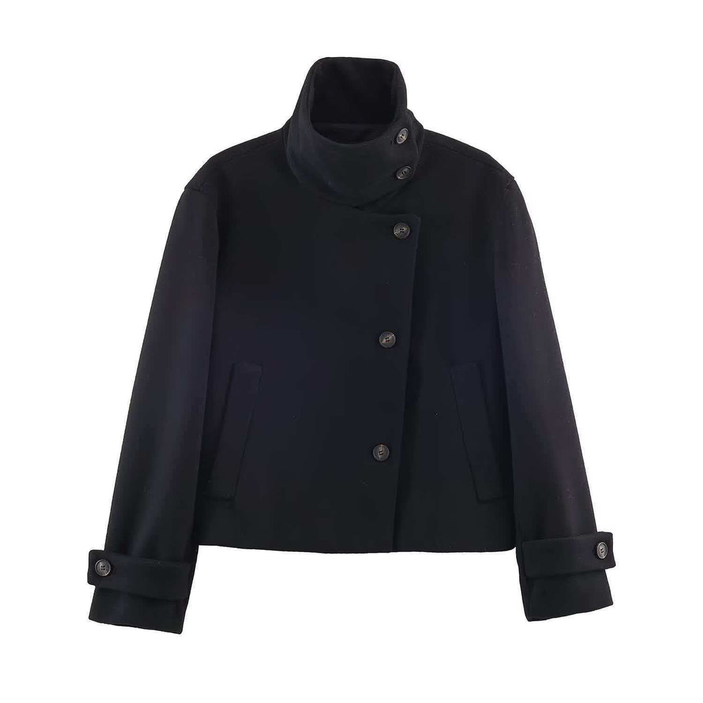 Ladies' short wool coat with high stand-up collar, asymmetrical button placket, and adjustable cuff straps Fashion Glam