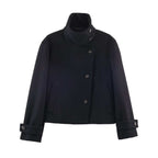 Ladies' short wool coat with high stand-up collar, asymmetrical button placket, and adjustable cuff straps Fashion Glam