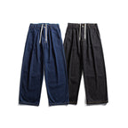 Unisex Wide Denim Pants with Elastic Waistband, Drawstring and Pleated Fashion Glam