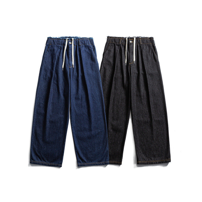 Unisex Wide Denim Pants with Elastic Waistband, Drawstring and Pleated Fashion Glam