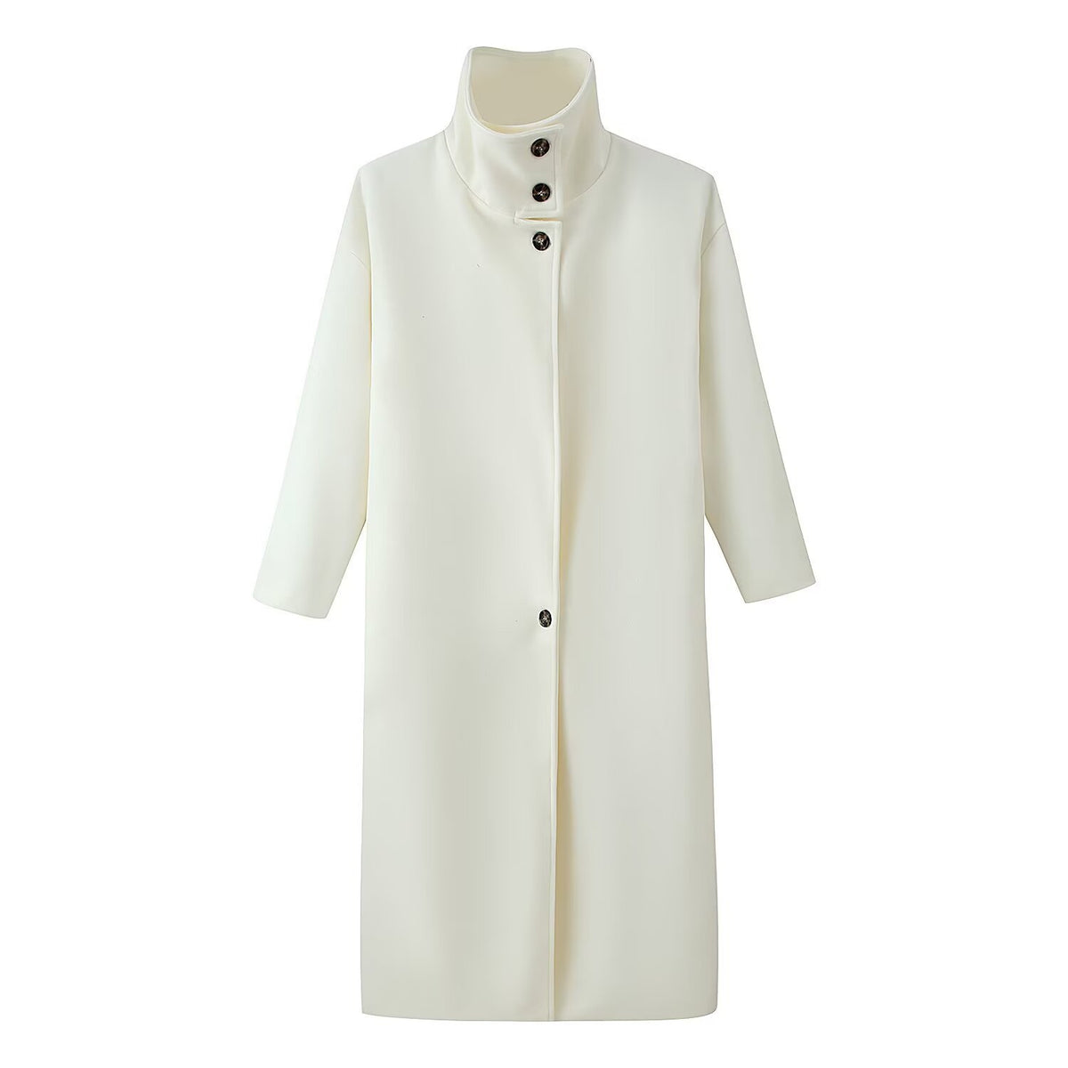 Women's Straight Midi-Length Coat with High Stand-Up Collar and Concealed Button Placket Fashion Glam