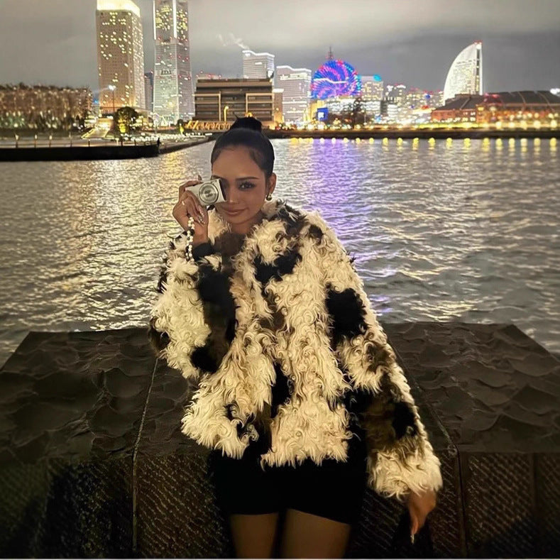 Women's Short Shaggy Faux Fur Bomber Jacket with Textured Patchwork Look Fashion Glam