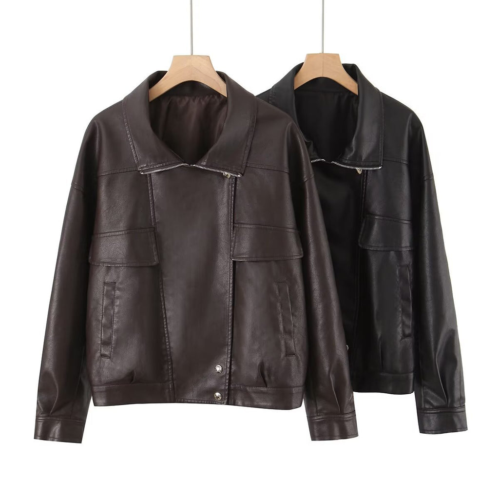 Women's Oversized Faux Leather Blouson Jacket with Asymmetric Zipper and Flap Pockets Fashion Glam