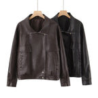 Women's Oversized Faux Leather Blouson Jacket with Asymmetric Zipper and Flap Pockets Fashion Glam