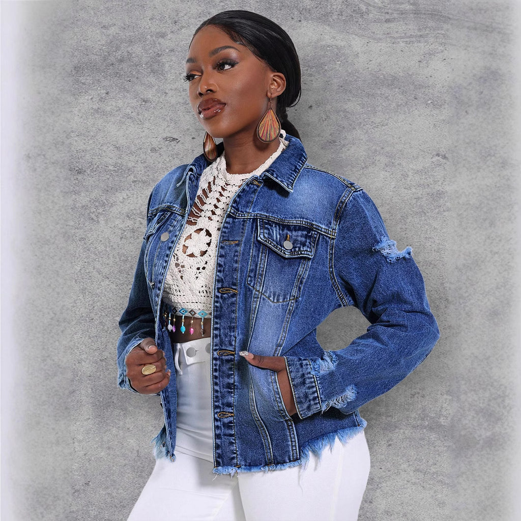 Women's Casual Denim Jacket with Distressed Details, Patch Chest Pockets and Frayed Hem Fashion Glam