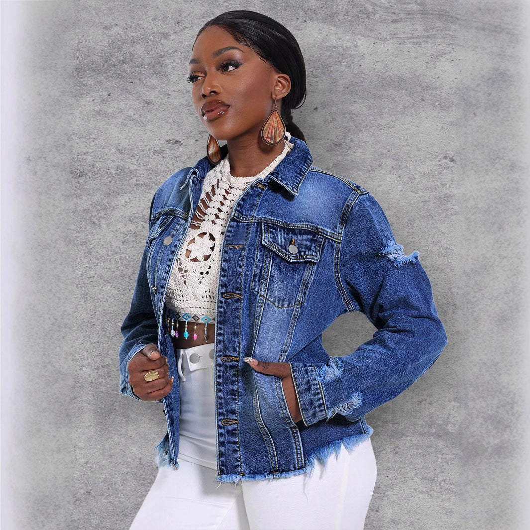 Women's Casual Denim Jacket with Distressed Details, Patch Chest Pockets and Frayed Hem Fashion Glam