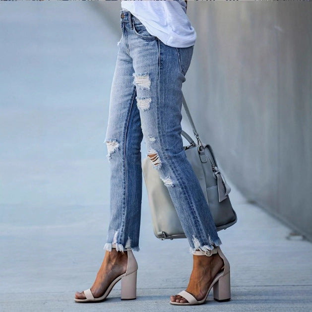 Ladies Casual Cropped Jeans with Distressed Destroy Design, High Waist and Asymmetrical Fringed Hem Fashion Glam