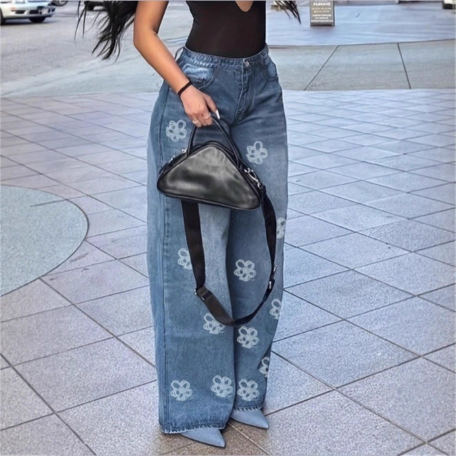 Ladies High-Waist Wide-Leg Denim Jeans with Floral Allover Embroidery Fashion Glam