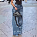 Ladies High-Waist Wide-Leg Denim Jeans with Floral Allover Embroidery Fashion Glam
