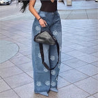 Ladies High-Waist Wide-Leg Denim Jeans with Floral Allover Embroidery Fashion Glam