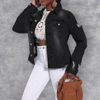 Women's Distressed Denim Jacket with Frayed Hem and Relaxed Fit Fashion Glam