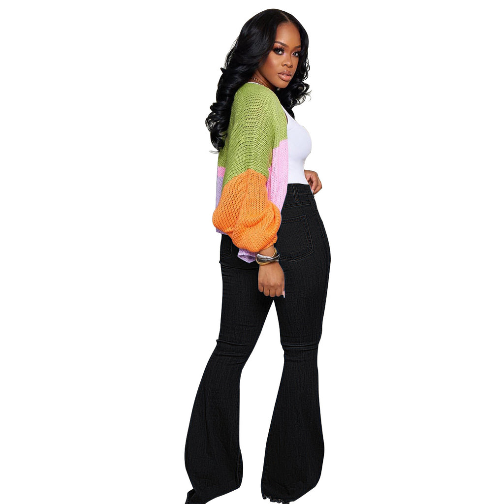 Women High-Waisted Flared Jeans with Stretch Comfort and Strategic Knee Cutouts Fashion Glam