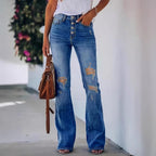 Women's high-waisted flared jeans with visible button fly, destroyed knee & sculpting stretch fit Fashion Glam