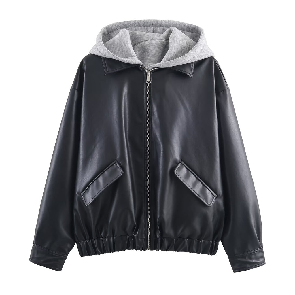 Women's Faux Leather Bomber Jacket with Contrasting Hood in Sweatstyle and Elastic Hem Fashion Glam