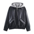 Women's Faux Leather Bomber Jacket with Contrasting Hood in Sweatstyle and Elastic Hem Fashion Glam