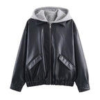 Women's Faux Leather Bomber Jacket with Contrasting Hood in Sweatstyle and Elastic Hem Fashion Glam