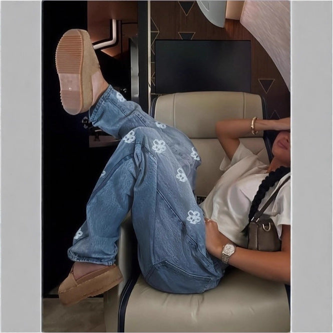 Ladies High-Waist Wide-Leg Denim Jeans with Floral Allover Embroidery Fashion Glam