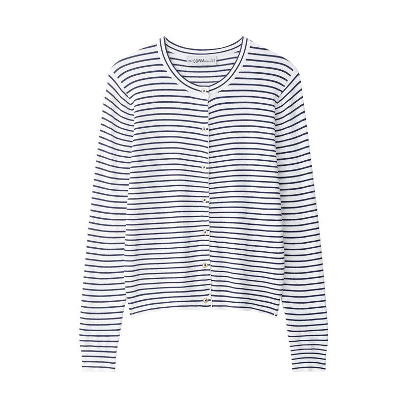 Women's fine knit cardigan with nautical striped pattern, round neckline and mother-of-pearl button placket Fashion Glam
