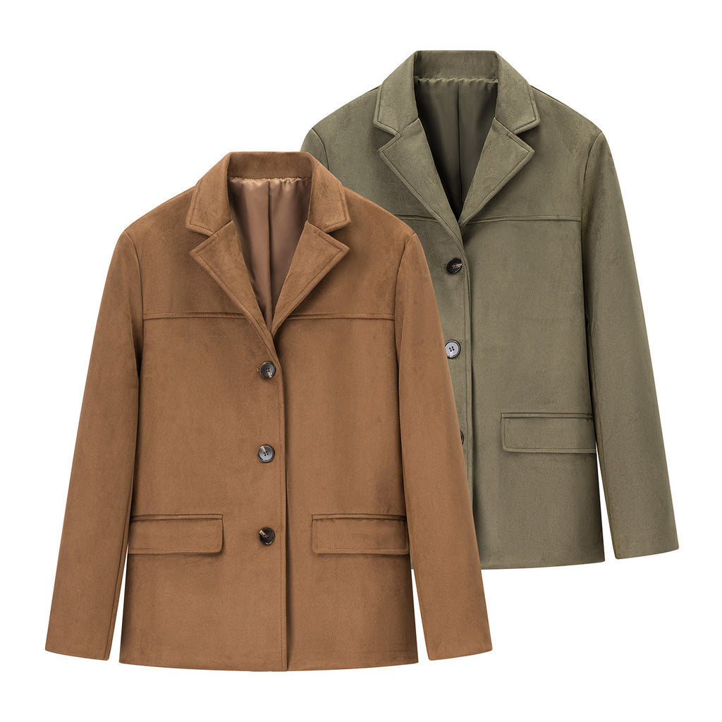 Women's short coat in blazer style made of suede imitation with lapel collar and patch pockets Fashion Glam