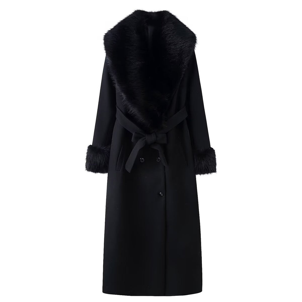 Women Elegant Wool Coat with Large Faux Fur Collar and Tie Belt Fashion Glam