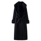 Women Longer Elegant Wool Blend Coat with Wide Faux Fur Collar, Belt and Fur Cuffs Fashion Glam