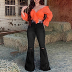 Women's High-Waist Bootcut Jeans with Knee Rips and Figure-Hugging Sculpting Cut Fashion Glam