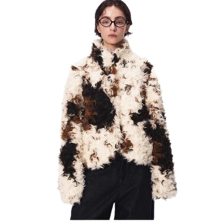Women's Short Shaggy Faux Fur Bomber Jacket with Textured Patchwork Look Fashion Glam