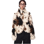 Women's Short Shaggy Faux Fur Bomber Jacket with Textured Patchwork Look Fashion Glam