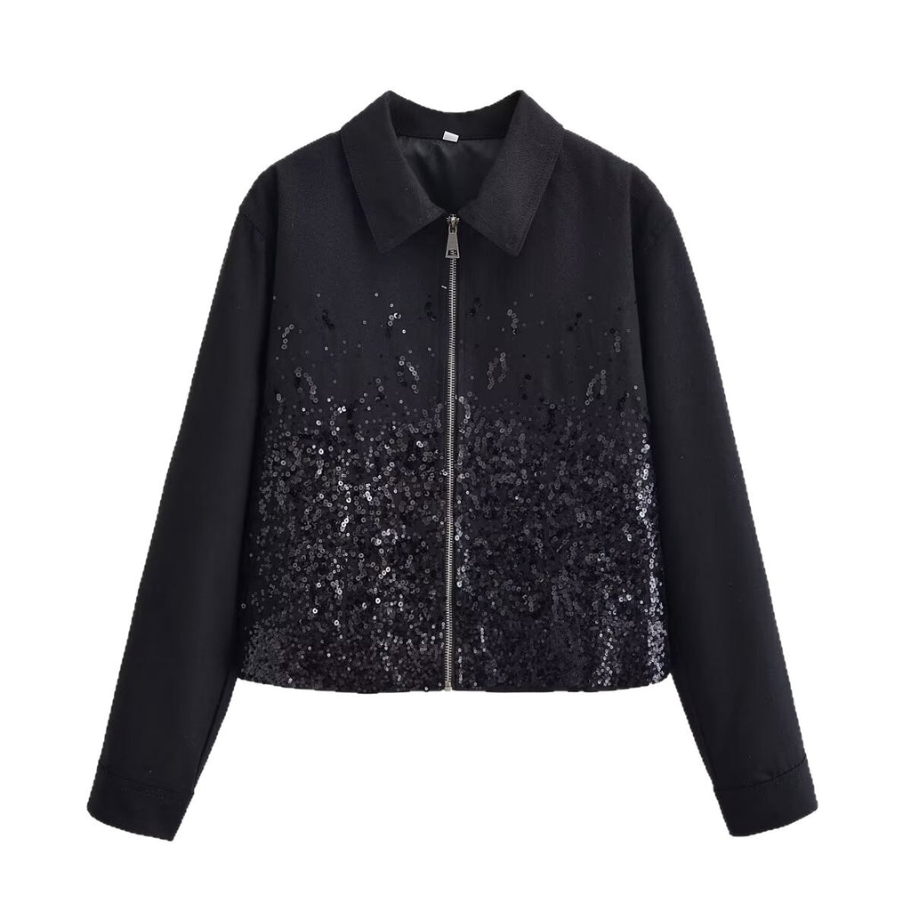Women's short jacket with full-length zipper and gradient sequin trim Fashion Glam