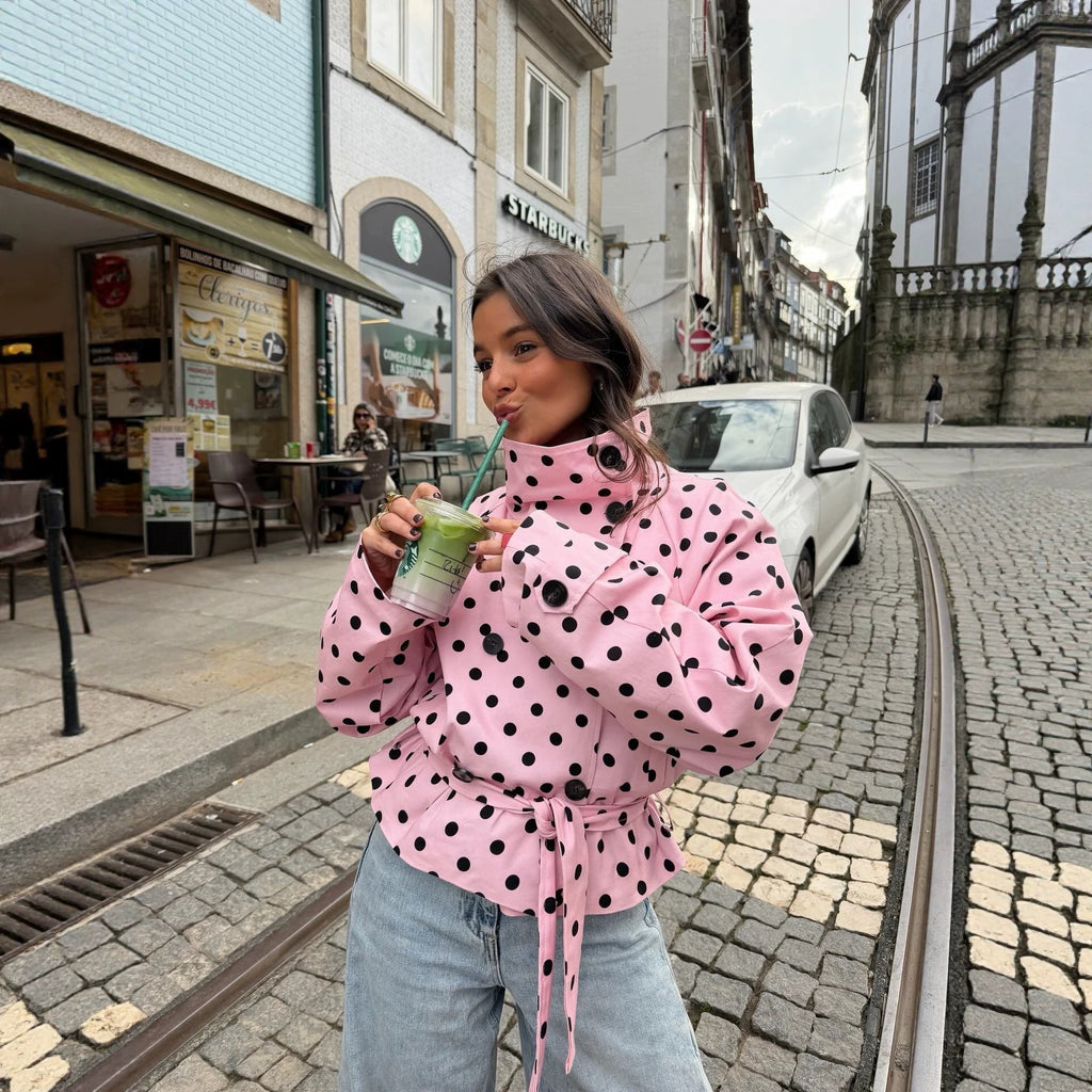 Women Tailored Polka Dot Trench Coat with Tie Belt Fashion Glam