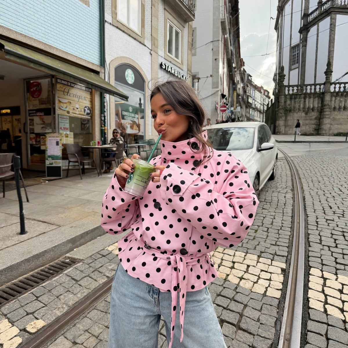Women Tailored Polka Dot Trench Coat with Tie Belt Fashion Glam