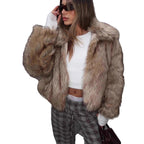 Women's Short Cropped Faux Fur Jacket with Voluminous Stand Collar and Hidden Zipper Fashion Glam