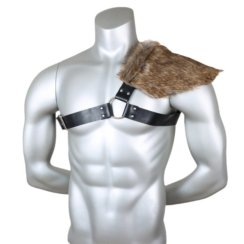 Men's asymmetrical shoulder harness with faux fur shoulder cape and adjustable leather straps Fashion Glam