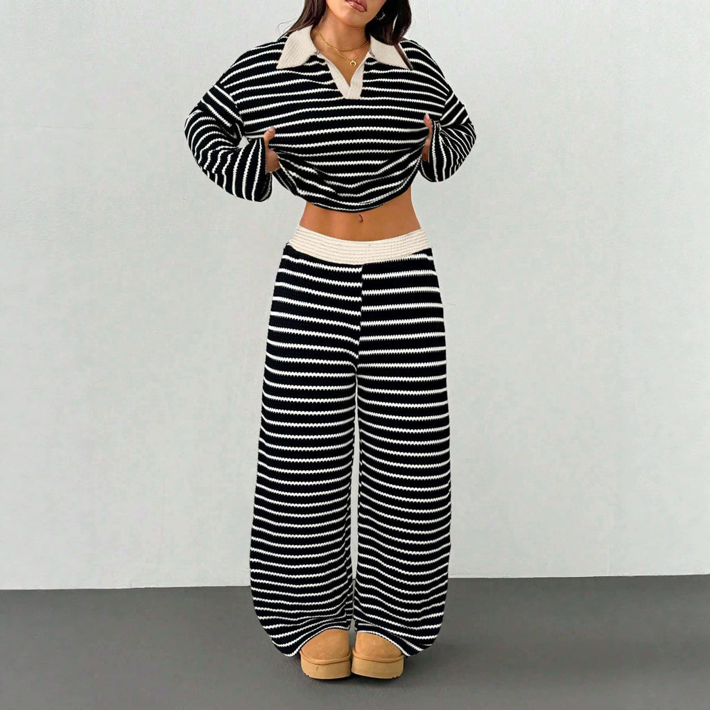 Women's Knitted Loungewear Set with Polo V Neck, Bell Sleeves, and Wide High-Cut Trouser Leg Fashion Glam