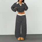 Women's Knitted Loungewear Set with Polo V Neck, Bell Sleeves, and Wide High-Cut Trouser Leg Fashion Glam