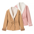 Women's short jacket with wrap belt, wide shawl collar and faux fur cuffs Fashion Glam