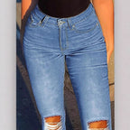 Ladies High-Waisted Flared Jeans in Retro Cut with Knee Rip and Extended Hem Fashion Glam