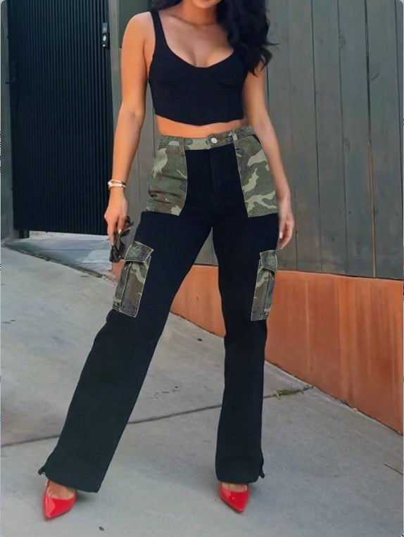 Women High-Waist Utility Jeans with Camouflage Panels and Patch Cargo Pockets Fashion Glam