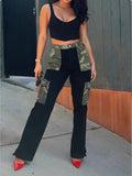 Women High-Waist Utility Jeans with Camouflage Panels and Patch Cargo Pockets Fashion Glam