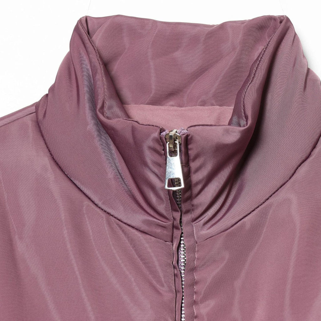 Women Cropped Padded Satin Jacket with High Stand Collar and Waist Smocking Fashion Glam