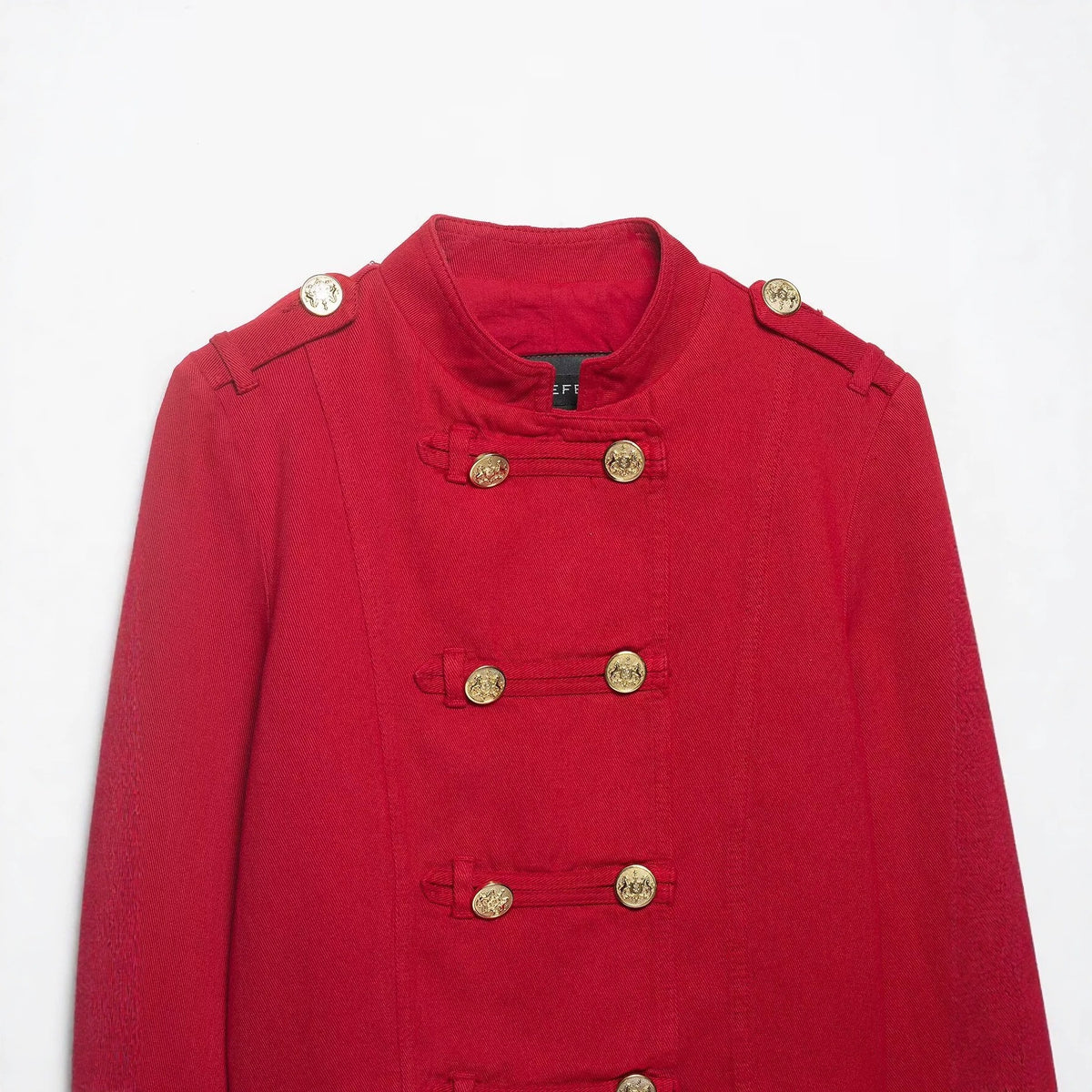 Women Cropped Military Jacket in Sailor Style with Golden Decorative Straps and Stand-Up Collar Fashion Glam
