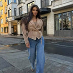 Women's Tailored Suede Wrap Blazer with Padded Shoulders and Tie Belt Fashion Glam