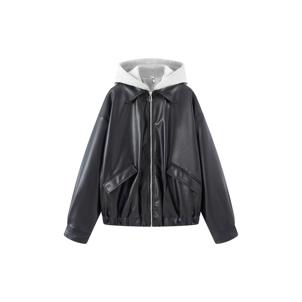 Women Oversize Faux Leather Blouson with Hood Insert and Flap Pockets Fashion Glam