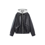 Women Oversize Faux Leather Blouson with Hood Insert and Flap Pockets Fashion Glam